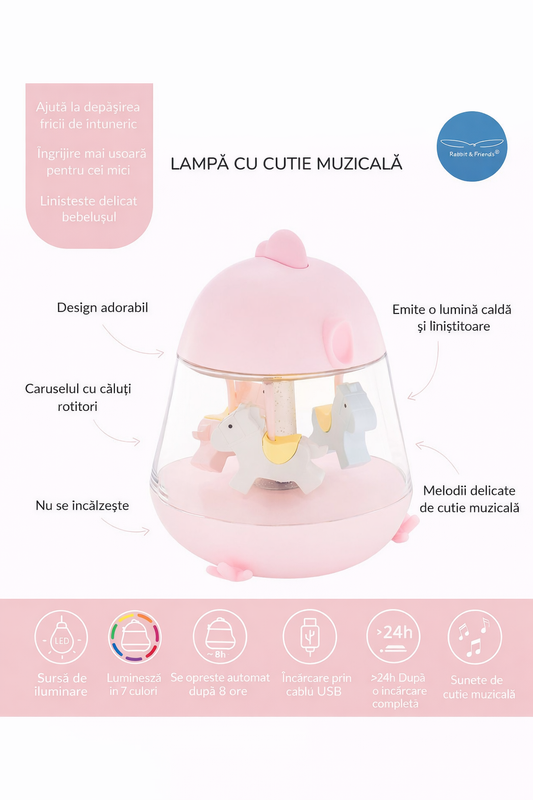 Lampă de veghe Chicklet Rabbit & Friends cu carusel și cutie muzicală, LED multicolor, încărcare USB, Roz