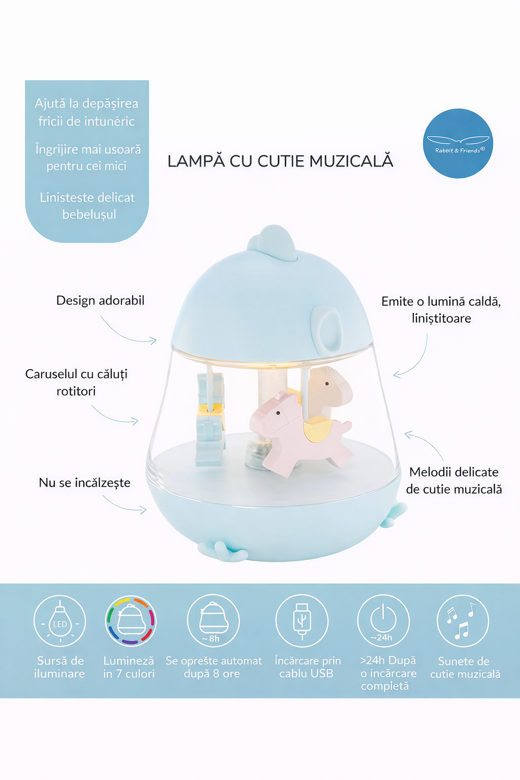 Lampă de veghe Chicklet Rabbit & Friends cu carusel și cutie muzicală, LED multicolor, încărcare USB, Albastru