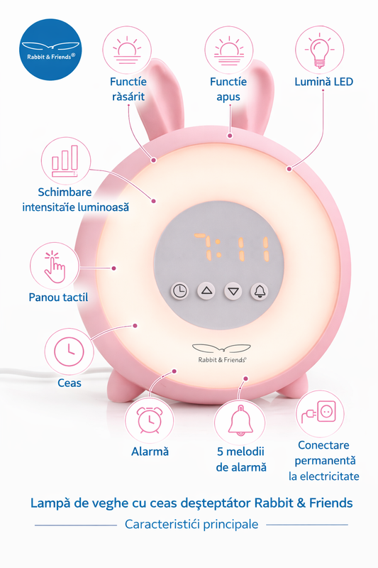 Ceas deșteptător cu lumină Wake-Up Rabbit & Friends, funcție sunrise/sunset, LED, Roz