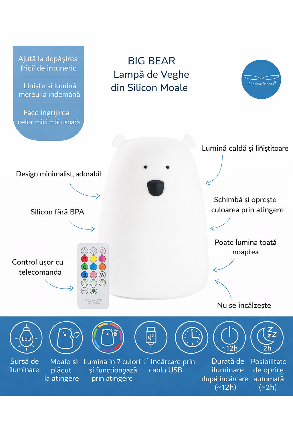 Lampă de veghe Big Bear cu telecomandă Rabbit & Friends – Silicon, 7 culori LED, Alb