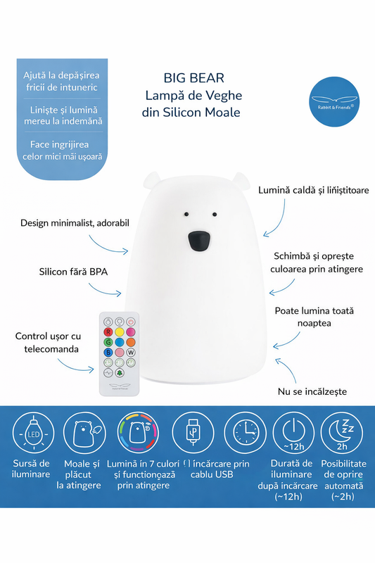 Lampă de veghe Big Bear cu telecomandă Rabbit & Friends – Silicon, 7 culori LED, Alb