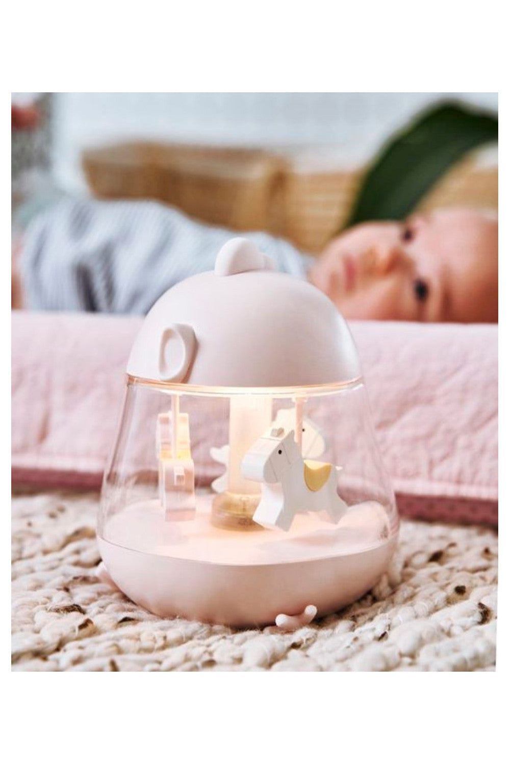 Lampă de veghe Chicklet Rabbit & Friends cu carusel și cutie muzicală, LED multicolor, încărcare USB, Roz