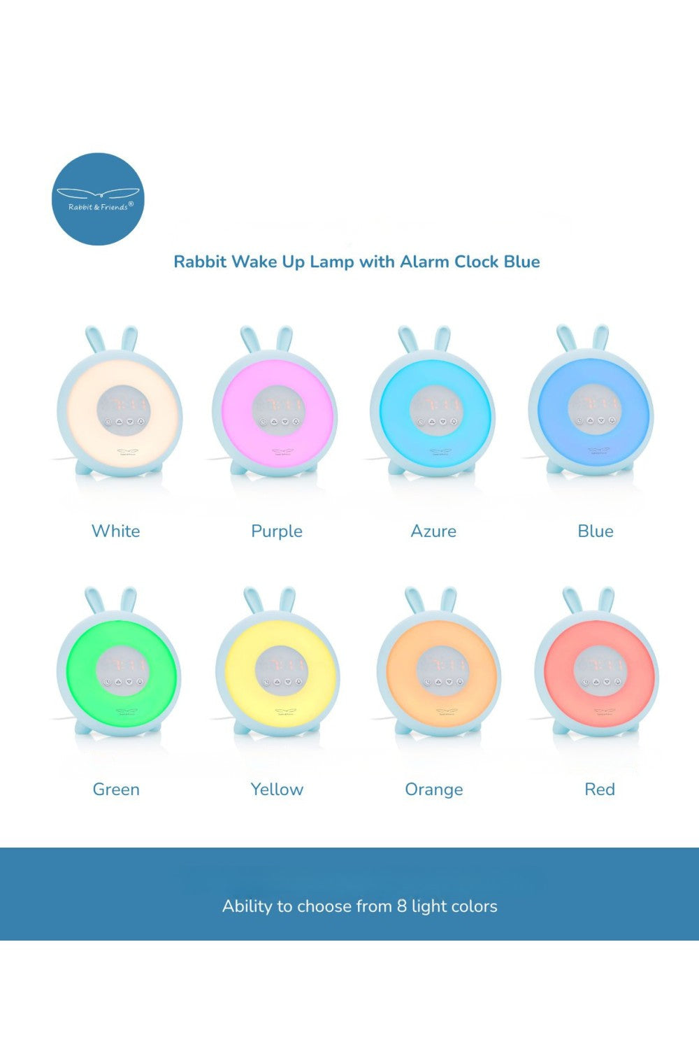 Ceas deșteptător cu lumină Wake-Up Rabbit & Friends, funcție sunrise/sunset, LED, Albastru